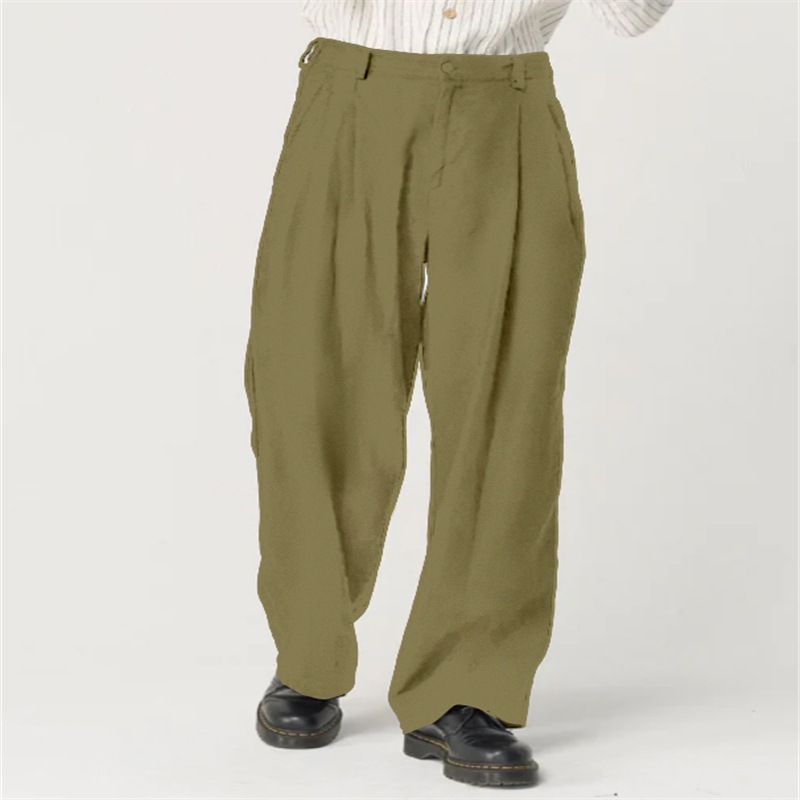 Abbigliamento da uomo Pantaloni casual a vita alta con pieghe, tasche, tinta unita, in lino, traspiranti e a gamba larga_voghion.com