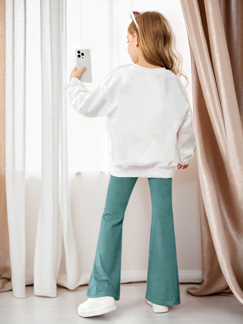 Mamm & Kanner INS Meedercher Meedercher Blummen- a Sloganmuster Pullover mat ofgeklappter Schëller an ausgeklappter Hosen Zwee-Stéck-Set_voghion.com