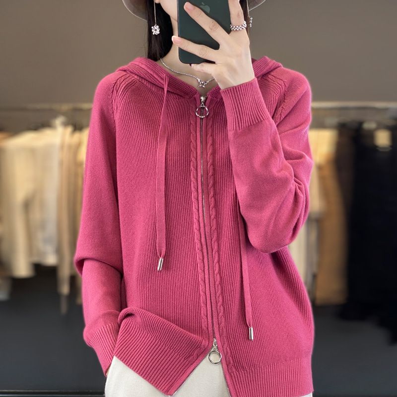 Double Zipper Knitted Cardigan Women's Hooded Sweater Autumn Winter New Loose Casual Solid Color Versatile Coat_voghion.com