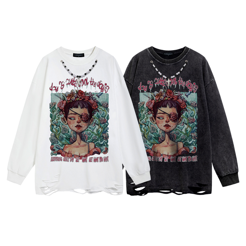 Herrenbekleidung Vintage-Kapuzenpullover in Schwarz mit einzelnem, mit Perlen verziertem Muster und Kette, dekorative Waschung für Männer und Frauen_voghion.com