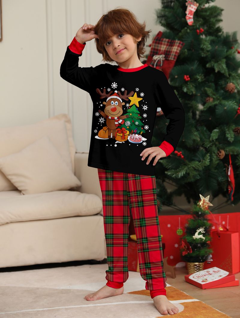 Flame Retardant Fabric Children's Suit 2025 Medium And Small Children's Pajamas Christmas Tree And Beautiful Deer Print Home Clothes_voghion.com
