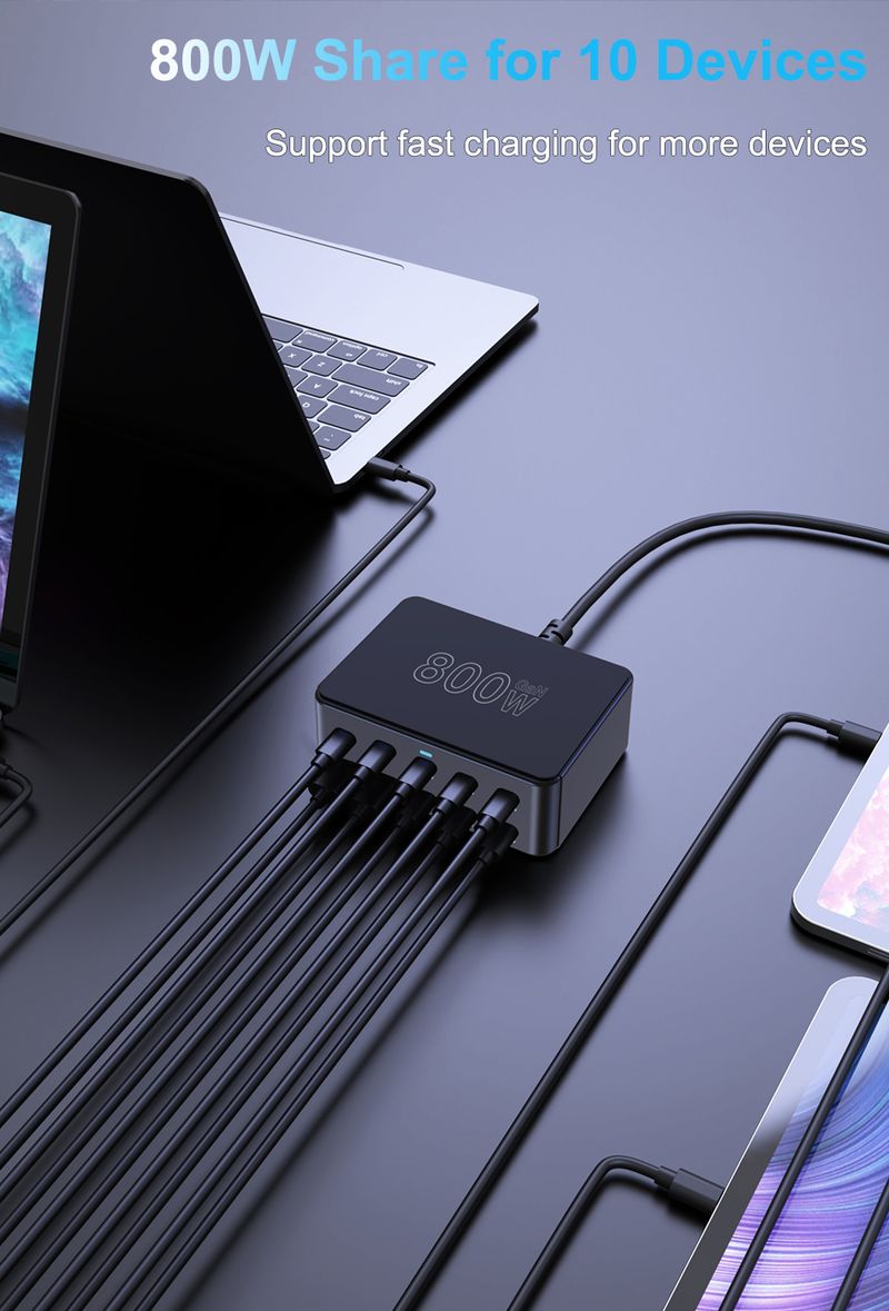 800W GAN Ladegerät Desktop 10 Ports USB Typ C PD Schnelle Ladestation Für IPhone 16 15 14 Samsung S24 Xiaomi laptop_voghion.com