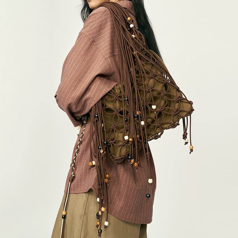 Borsa da donna alla moda, casual, con tracolla singola, in rete cava, con perline in legno, per la primavera e l'estate 2025, in corda di cotone con design di nicchia._voghion.com