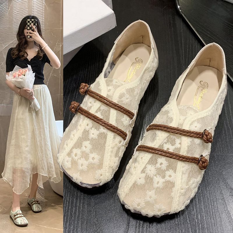 National Style Simple Mesh Hollow Retro Single Shoes Women's Soft Sole Comfortable Pregnant Women's Mother Shoes One Pedal Doudou Shoes_voghion.com