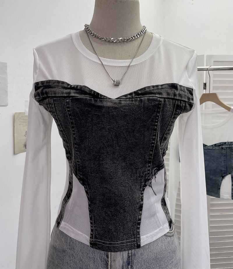 Damenbekleidung Mädchen Design Mesh Splicing Denim Top Langarm Bottoming Shirt Schlankes kurzes Nischen-T-Shirt_voghion.com
