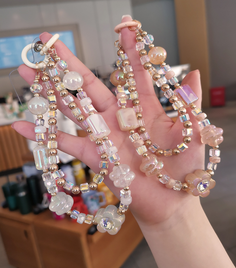 Mobile Phone Lanyard Short Handmad Wrist Bracelet Women's Clip Style Double Chain Crystal Beads Phone Case with Anti_voghion.com