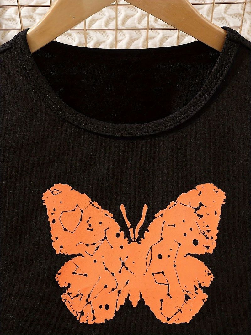 "Trendiges Set aus bedrucktem Oberteil und Arbeitsrock für große Mädchen – Verstellbarer Gürtel, 5–14 Jahre (Orange)"_voghion.com