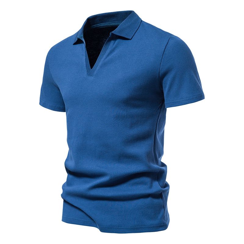 Minimalist summer men's short sleeved with solid cotton collar and personalized elastic trend V-neck slim fit t-shirt_voghion.com