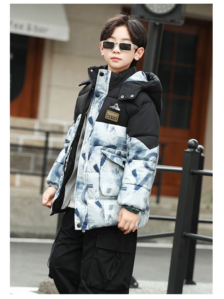 Kinder-Fleece-Futter mit Schneeberg-Print, Winterwärme, Daunen-Baumwoll-gefütterte Jacke, Sportjacke_voghion.com