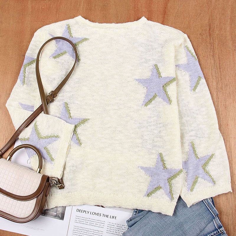 Damenbekleidung Pullover Stil Fünfzackiger Stern Gestrickter Langarmpullover für Damen_voghion.com