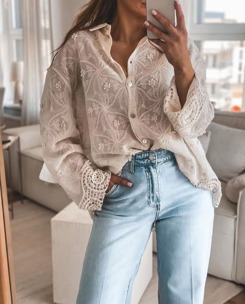 Ropa de mujer nueva camisa informal de algodón con bordado de encaje y costuras_voghion.com