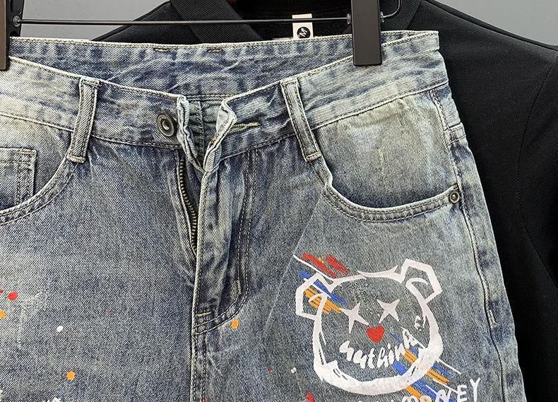 Pantaloncini in denim da uomo con stampa personalizzata e schizzi d'inchiostro, pantaloni estivi_voghion.com