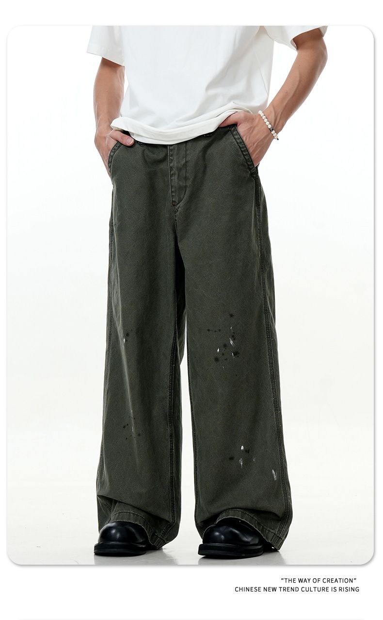 Men's Clothing Retro Ink Splashed Design Jeans Trendy Loose Straight Wide Leg Trousers_voghion.com