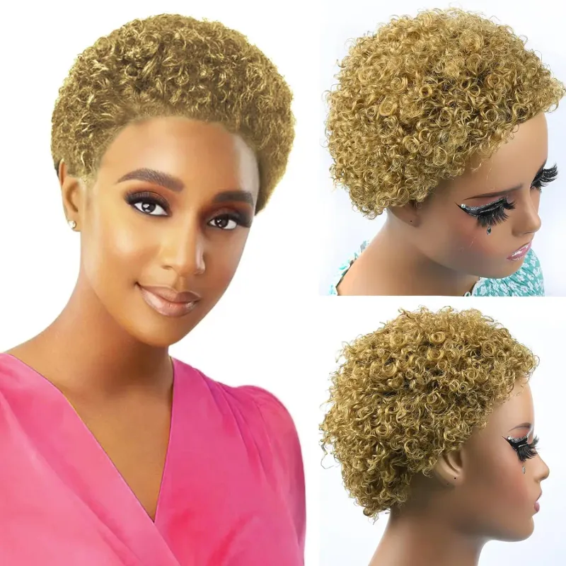 Afro-Perücken aus gelocktem Echthaar mit Pony, kurzer Pixie-Schnitt für Frauen, maschinengefertigt_voghion.com