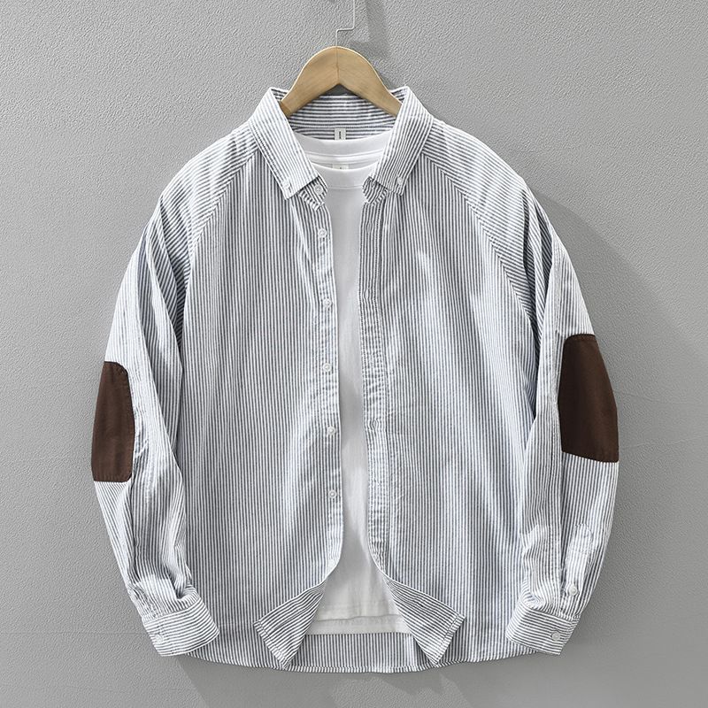 Fresh Striped Color Blocked Long Sleeved Shirt For Men, Versatile And Artistic Casual Loose Top_voghion.com