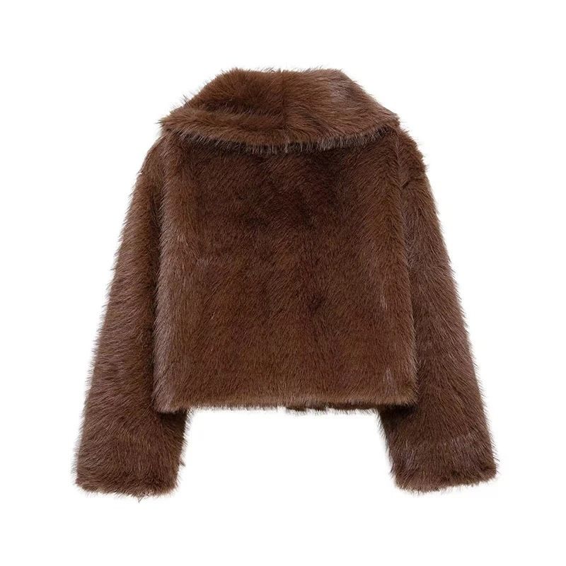 Kunstpelzkragenmantel Damen Wintermode Kurzjacke Streetstyle Plüsch Fleece Oberbekleidung Schwarz & Braun_voghion.com