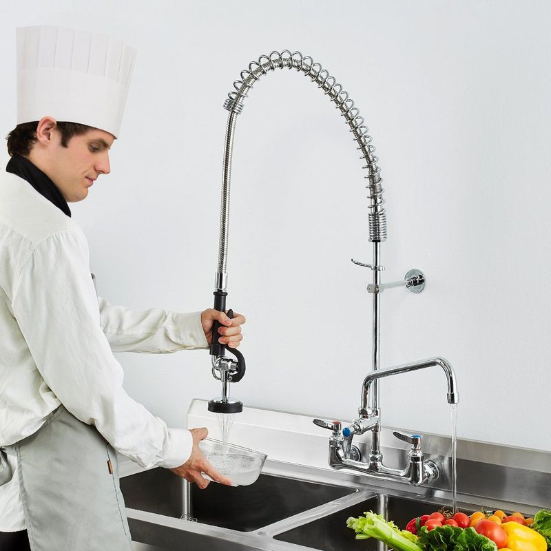 VEVOR Commercial Faucet With Pre-Rinse Sprayer, 36" Height, 8" Center, 12" Swing Spout, Wall Mount Kitchen Sink Faucet, Brass Constructed Device With Pull Down Spray, For 1/2/3 Compartment Sink_voghion.com