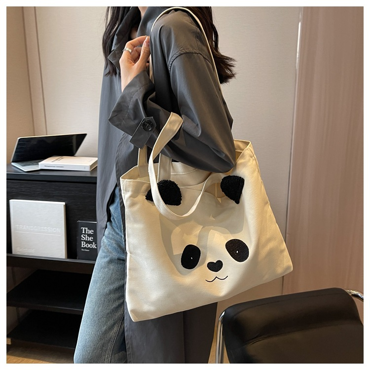 Ny fritid College Student Shoulder Panda Print Stor kapacitet Canvas Dampendlar tygväska_voghion.com