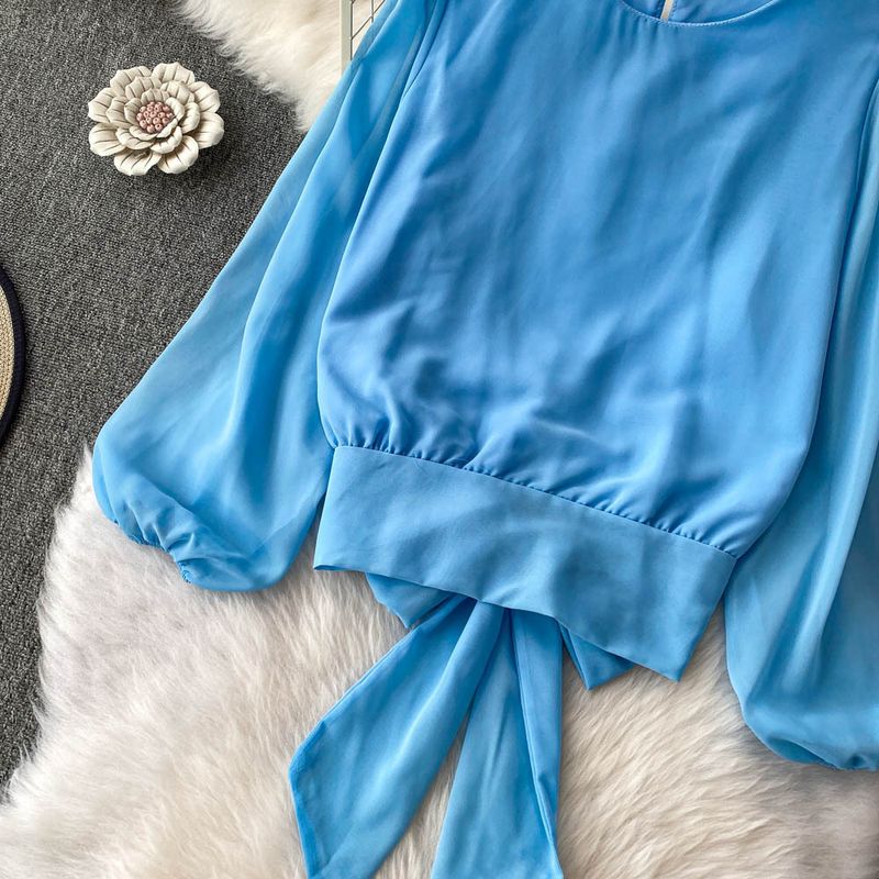 Zachte blauwe getailleerde top met pofmouwen + hoge taille slanke kanten cakerok, tweedelige set_voghion.com