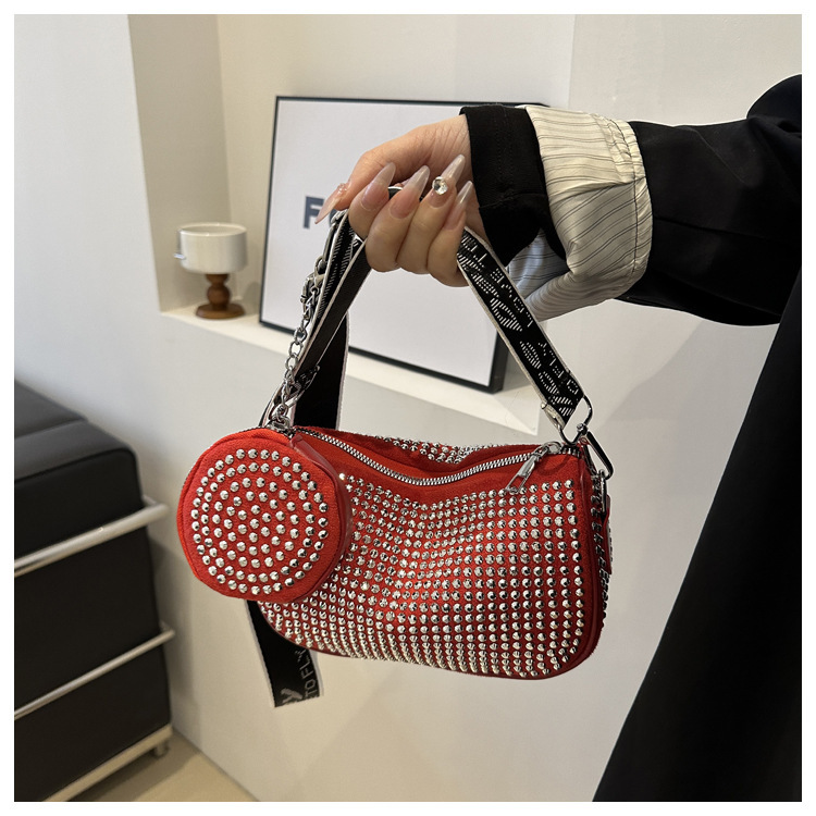 Donna alla moda con semplici strass intarsiati, borsa a tracolla alla moda a spalla singola, borsa di tendenza da discoteca,_voghion.com