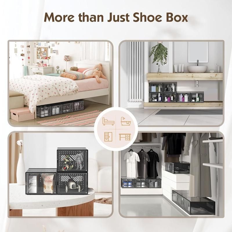 Magnetic Front-Opening Shoe Storage Boxes - Stackable Clear PP Organizers With Striped Design (Set Of 2/4/6, Long Ventilation Holes, 33.5x25x18.5cm)_voghion.com