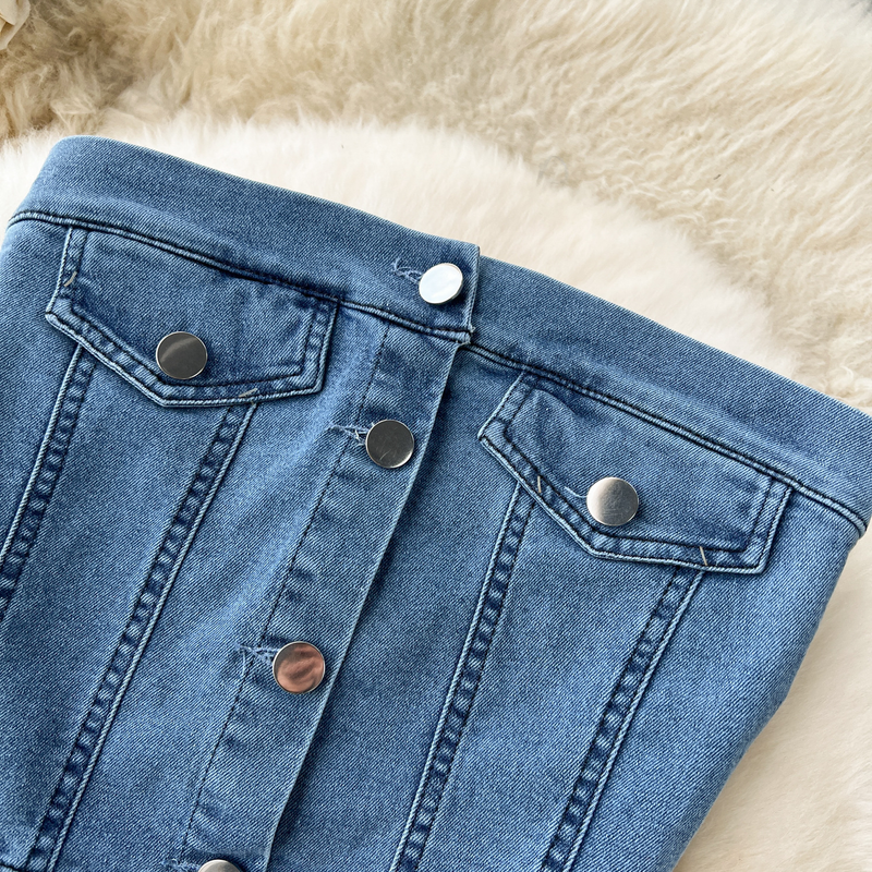 Kvinders jakkesæt i retro-feriestil i Hong Kong-stil sexet kort rørtop + højtaljet split denim-nederdel i todelt jakkesæt_voghion.com