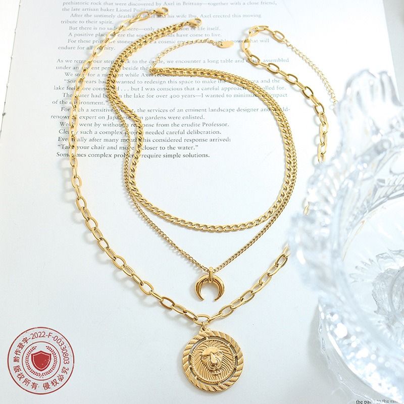 Set di collane a strati placcate in oro, collane multicatena con medaglione di leone e ciondolo a forma di luna, gioielli boho quotidiani e di tendenza_voghion.com