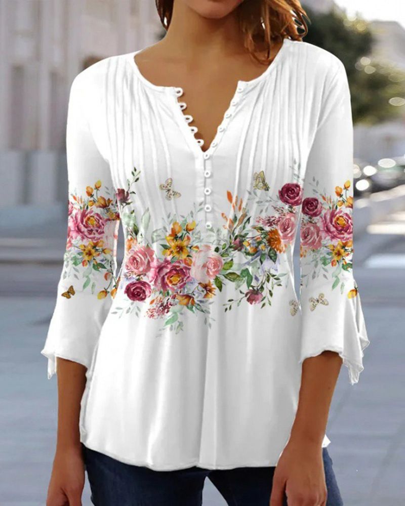 2025 Spring/Summer Fashion New Women's Flower Printed V-neck Short Sleeve Folded Button T-shirt Base Shirt_voghion.com