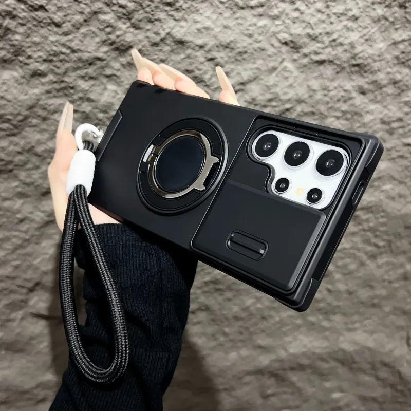 Armor Magnetic Bracket Case For Samsung Galaxy S25 S24 S23 S22 S21 Ultra Plus With Lanyard Slide Camera Protect_voghion.com