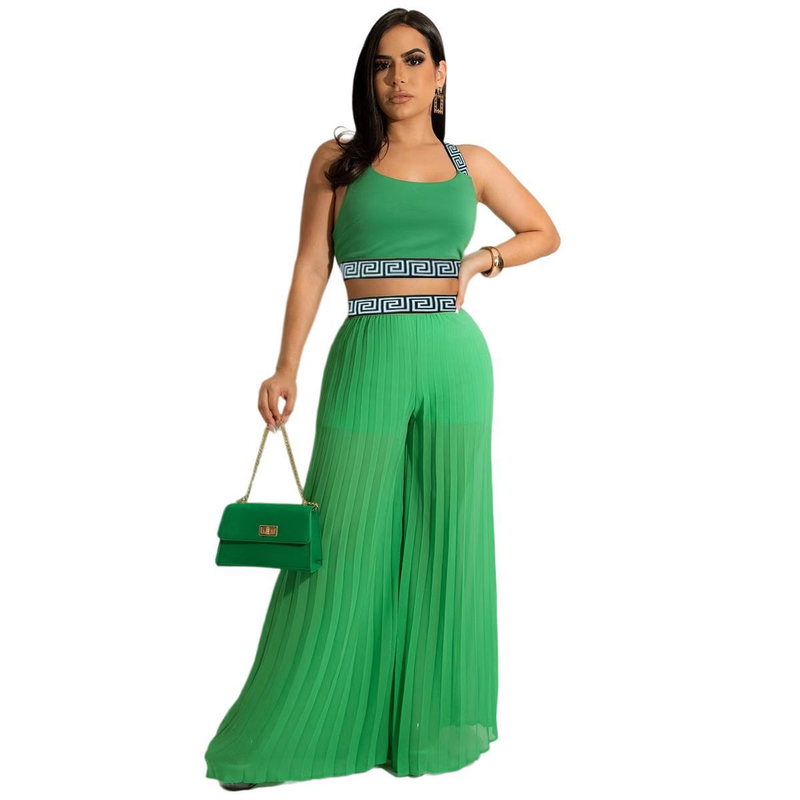 Abbigliamento da donna in chiffon multicolore ad alta temperatura che modella la tracolla elastica pieghettata in due pezzi moda estiva_voghion.com