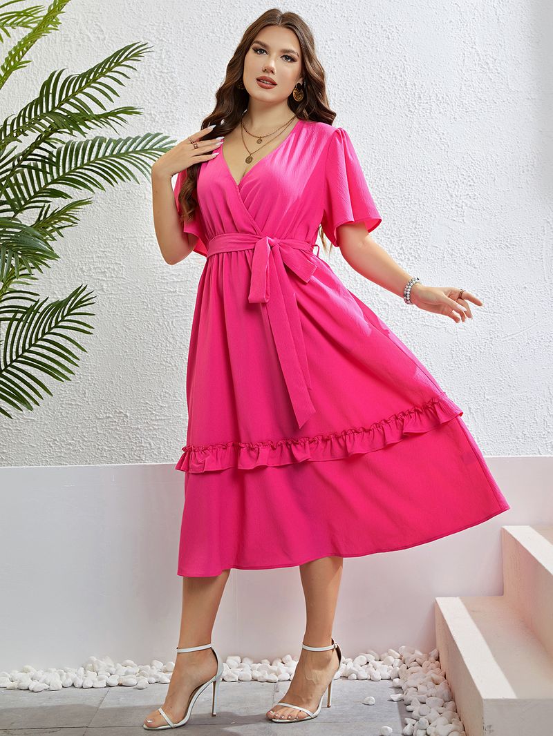 Vestido medio cárdigan con cuello en V rojo rosa de verano para mujer_voghion.com