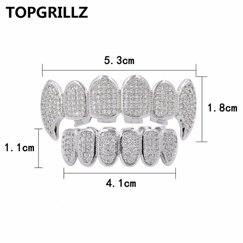 TOPGRILLZ New Fit Silver Plated CZ Micro Pave Top & Bottom GRILL SET Rhodium Teeth Grills Vampire Tooth Grillz_voghion.com