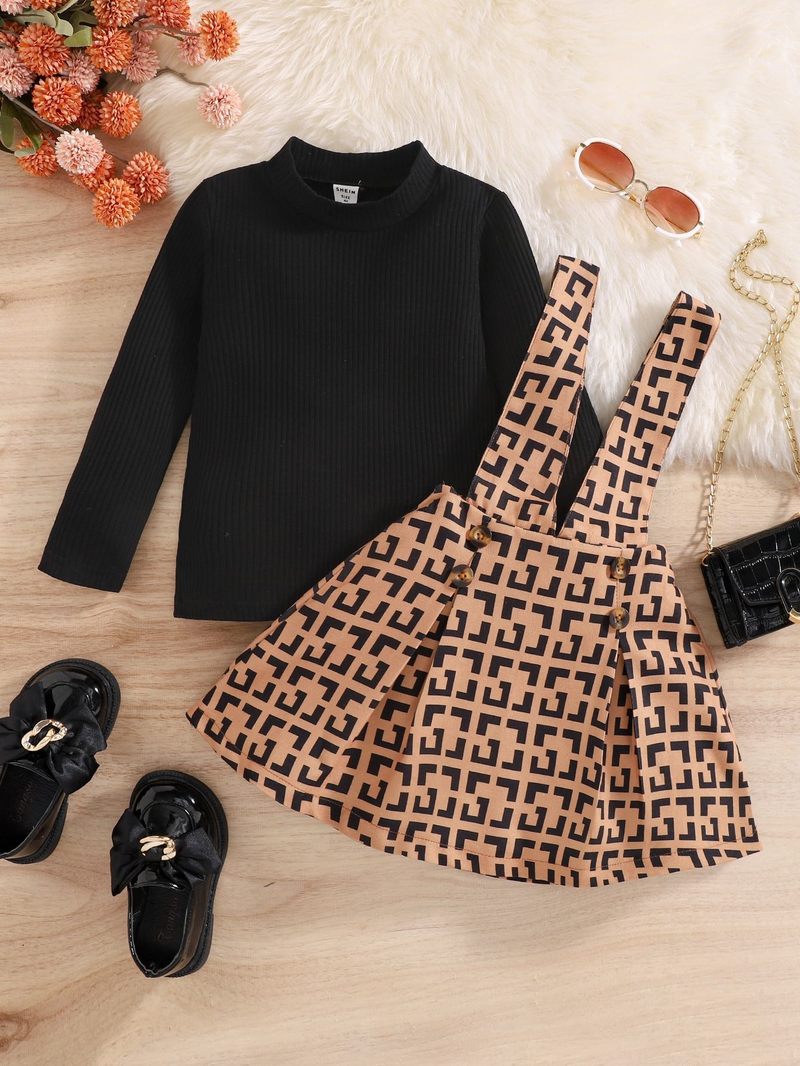 Gonna con bretelle stampata presbiteriana classica autunno/inverno per bambini con collo alto e abito in due pezzi a maniche lunghe_voghion.com