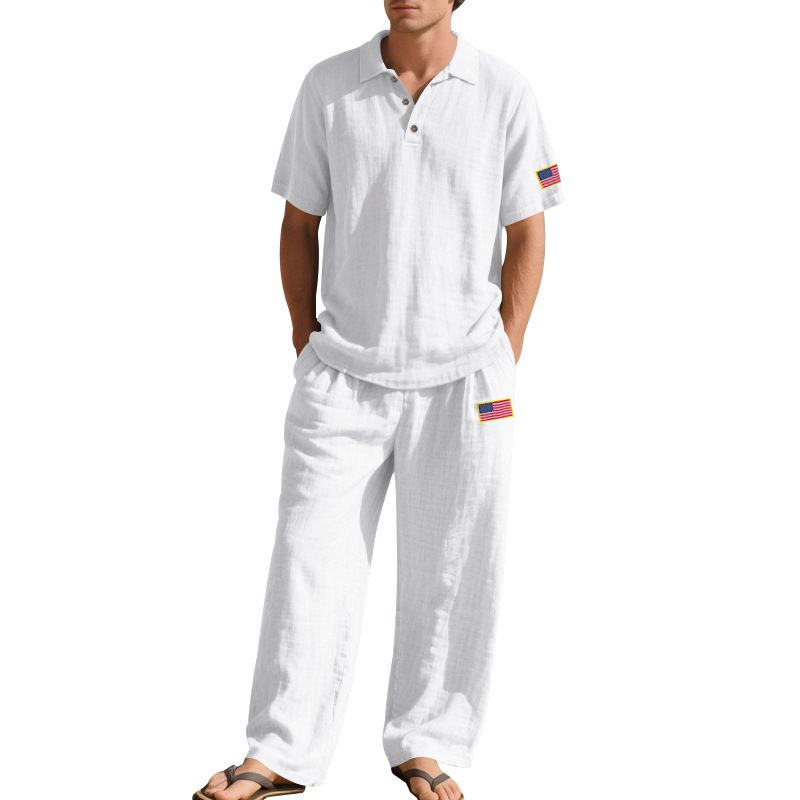 Summer Loose Men's Beach Linen Breathable Casual Large Size Lapel Independence Day Trousers Suit_voghion.com