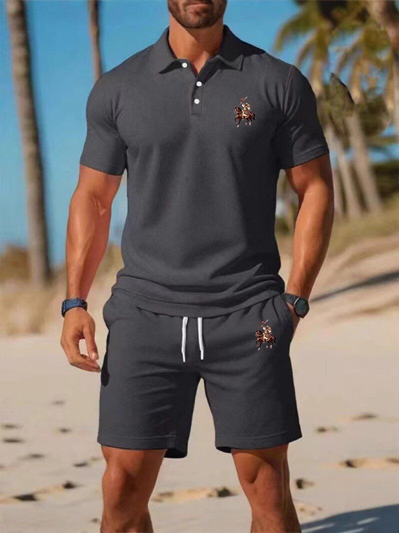 Men's Summer Slim-Fit Polo Shirt & Shorts Set - Breathable Mesh Short Sleeve Embroidered Casual Outfit (White/Navy/Orange/Black/Red/Teal/Army Green_voghion.com