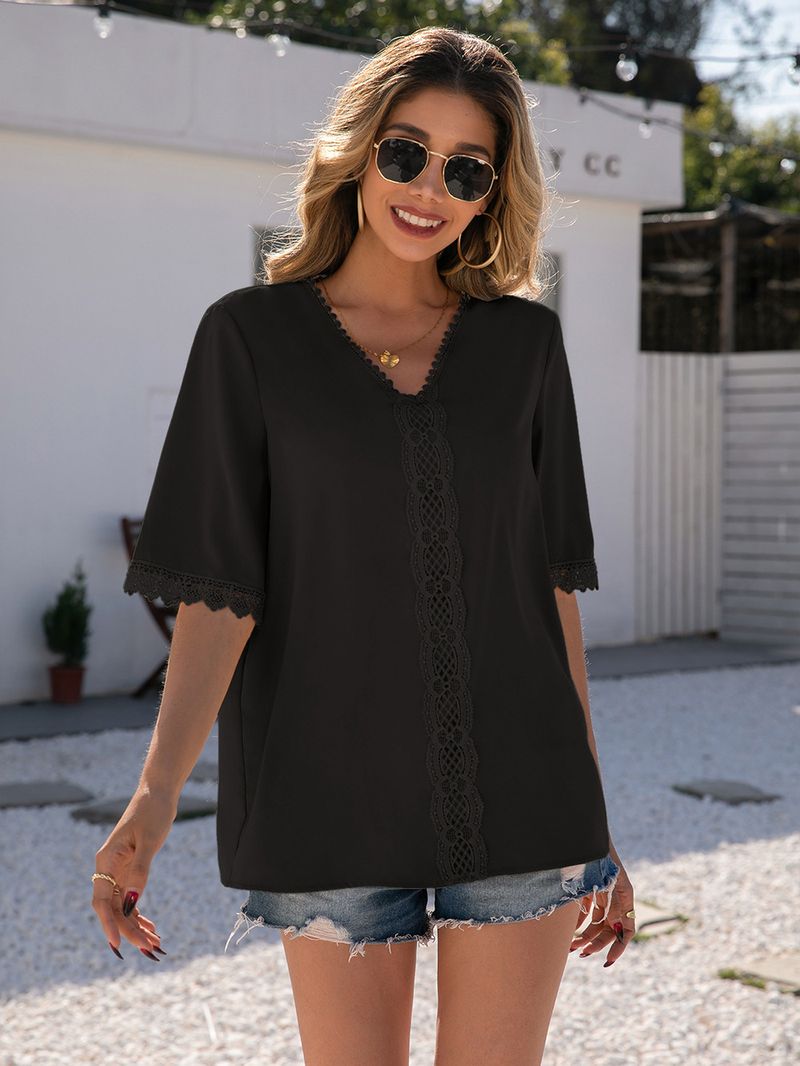 Camicia a maniche corte con scollo a V per il commercio estero tinta unita da donna_voghion.com