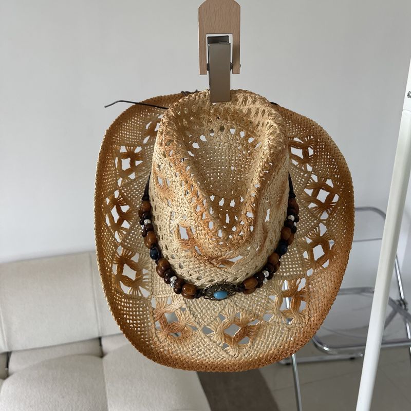 Moda Nuovo Occidentale Cowboy Paglia Femminile Moda Estiva Versione Coreana del Vento Nazionale Ombra Cava Cappello da Spiaggia Vacanza Gratis_voghion.com