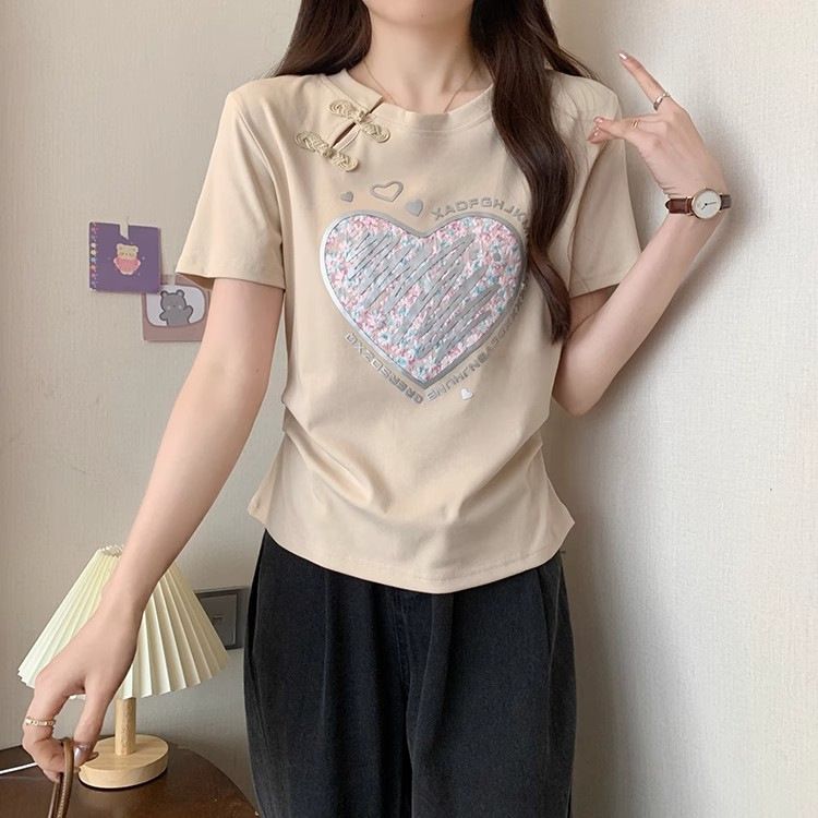 Maglietta a maniche corte stampata in stile cinese con fibbia a piastra per donna 2024 nuova maglietta interna bianca estiva, top snellente_voghion.com