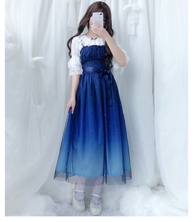 Lolita Summer Dress With Gradient Starry Sky Print - Cute JSK Sleeveless Dress With Mesh Overlay For Kawaii Fashion_voghion.com