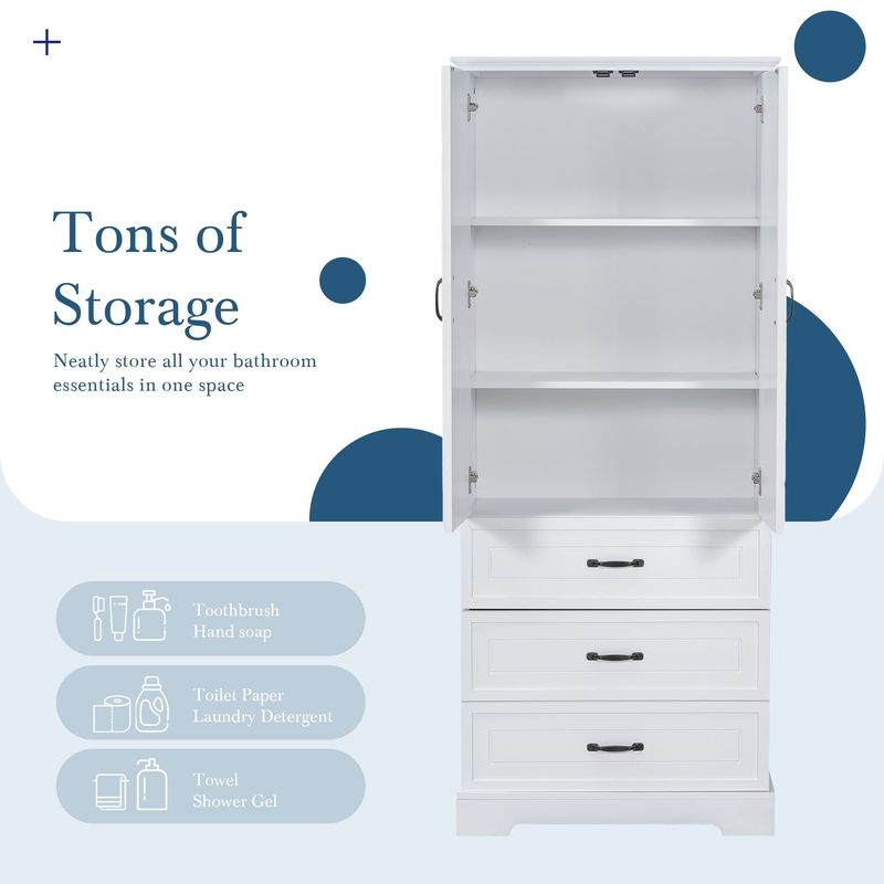 Tall Bathroom Storage Cabinet,Cabinet With Two Doors And Drawers,Adjustable Shelf,MDF Board,White_voghion.com