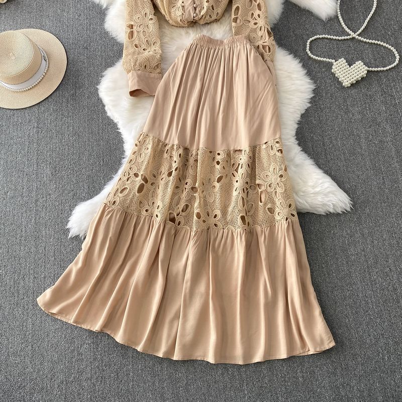 Elegante camicetta in pizzo con collo alto e gonna patchwork attillata – Completo sofisticato in due pezzi per donna_voghion.com