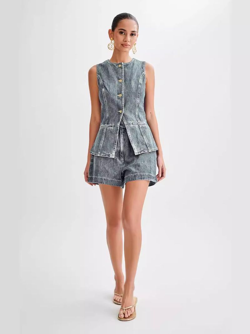 Frauen Kleidung mode lässig ärmellose hohe taille frauen anzug denim shorts_voghion.com