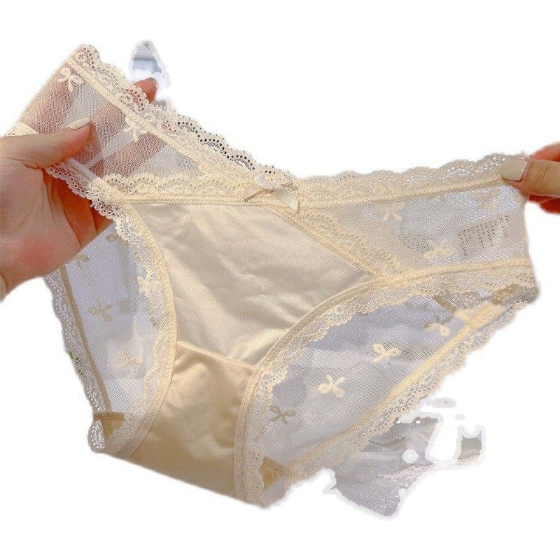 2025d Pure Desire Light Satin Bow Low Waist Sexy Lace Cotton Crotch Mesh Triangle Panties For Women_voghion.com