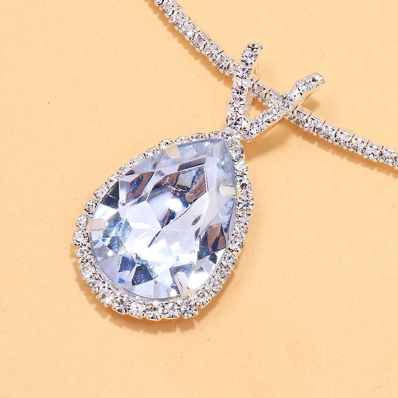 New Water Drop Shape Full Diamond Choker Simple Earrings Bridal Accessories Jewelry Set_voghion.com