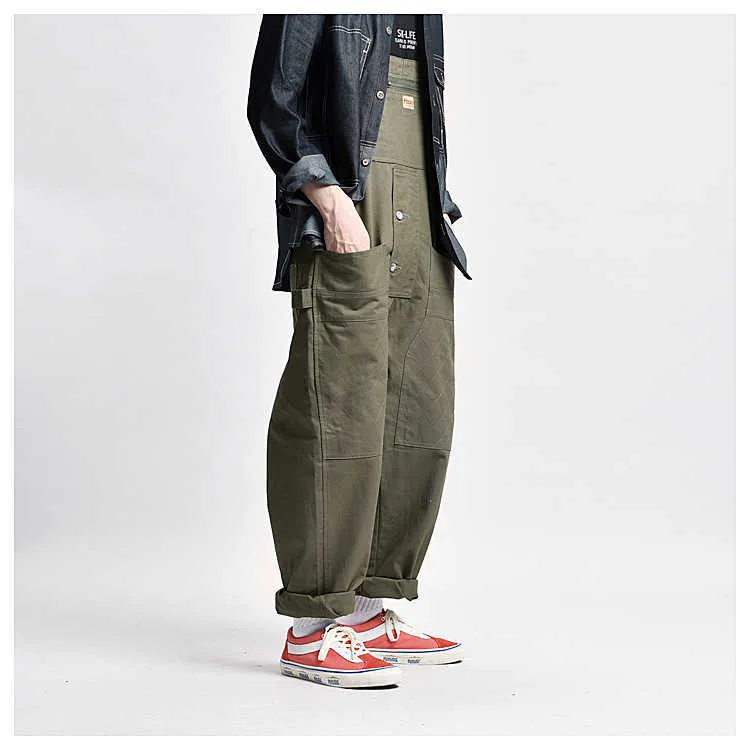 Men's Loose Multi Pockets Cargo Bib Overalls Working Clothing Jumpsuits Jeans Pants Black Military Green Brown T221102_voghion.com