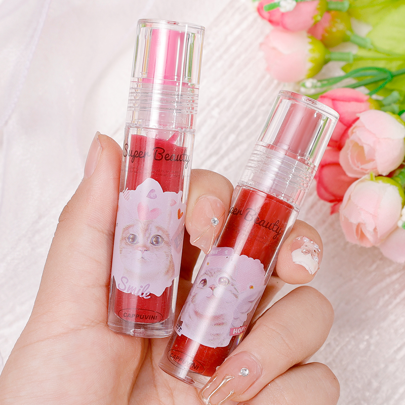 Simpatico gatto specchio acqua lucidalabbra trasparente gelatina labbra ghiacciaio impermeabile durevole rossetto liquido rosa nudo col_voghion.com