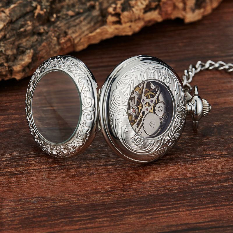 Flip Transparent Cover Engraved Magnifier Semi-Automatic Engraving Mechanical Pocket Watch Roman Numerals_voghion.com