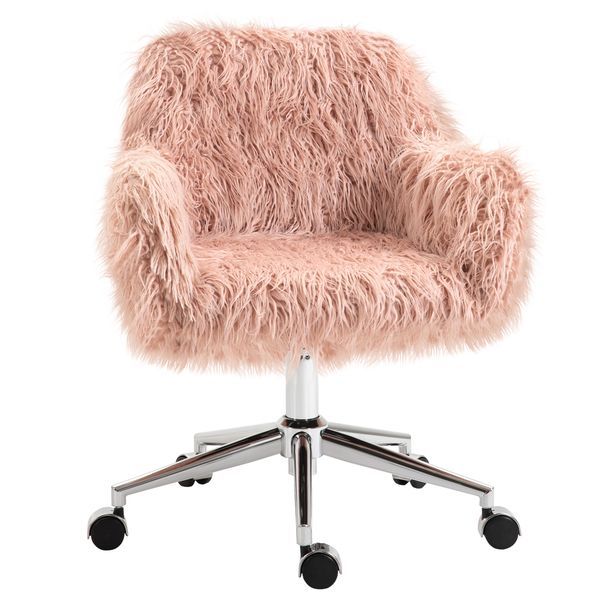 Vinsetto Faux Fur Desk Chair, Swivel Vanity Chair With Adjustable Height And Wheels For Office, Bedroom, Pink_voghion.com