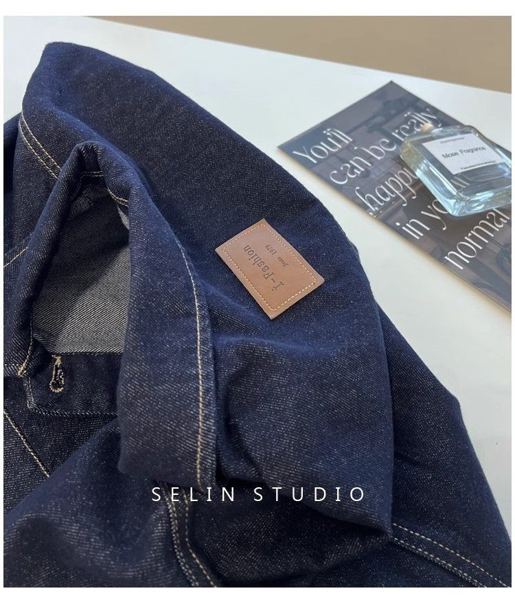 Giacca in denim oversize da donna - Stile boyfriend retrò, blu scuro, vestibilità comoda, cappotto casual unisex per l'autunno_voghion.com