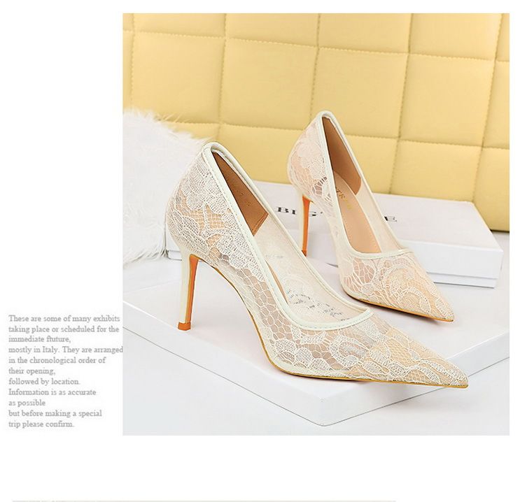 Banquet women's shoes slim high heels shallow mouth pointed stilettos high heels mesh hollow lace high heels single shoes_voghion.com